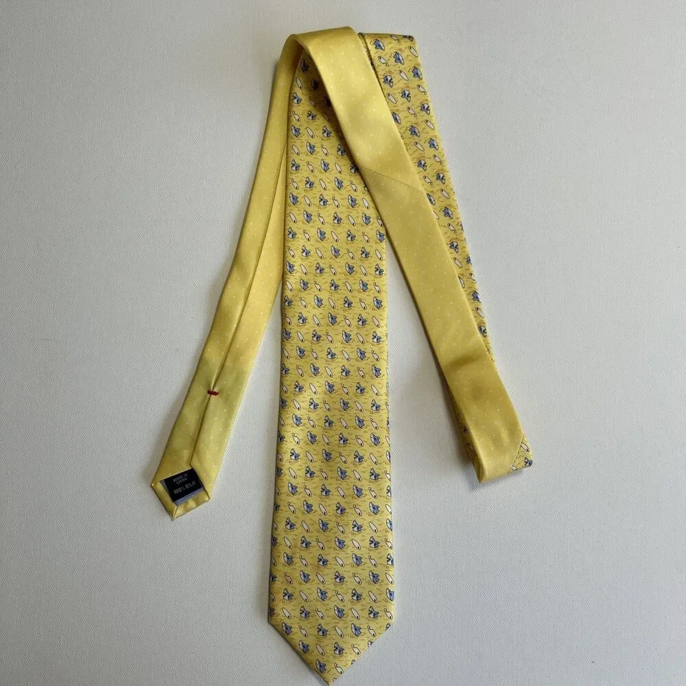 Sharks & Surfboards Silk Necktie Yellow Blue Tommy Hilfiger Funny Beach Coastal